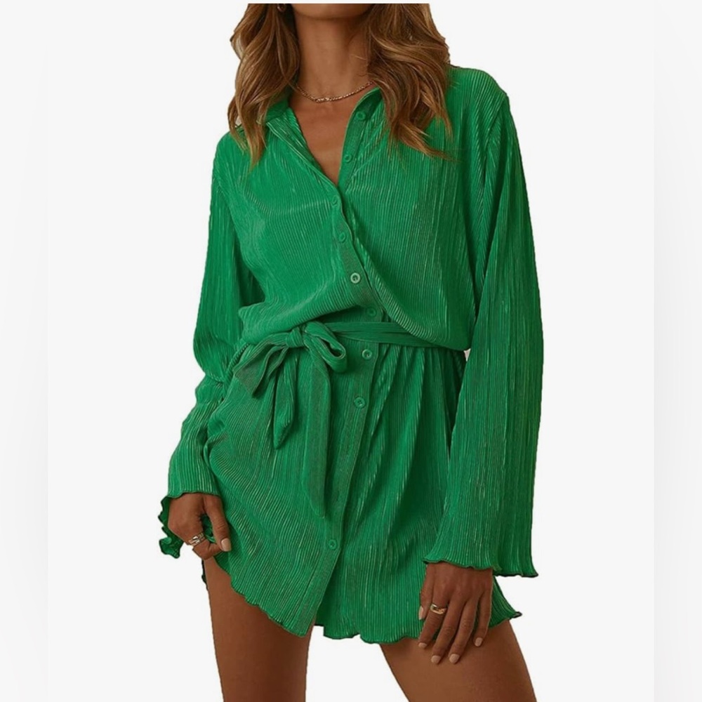 NEW Felicity Tied Button Up Long Sleeve Green Pleated Dress Size L